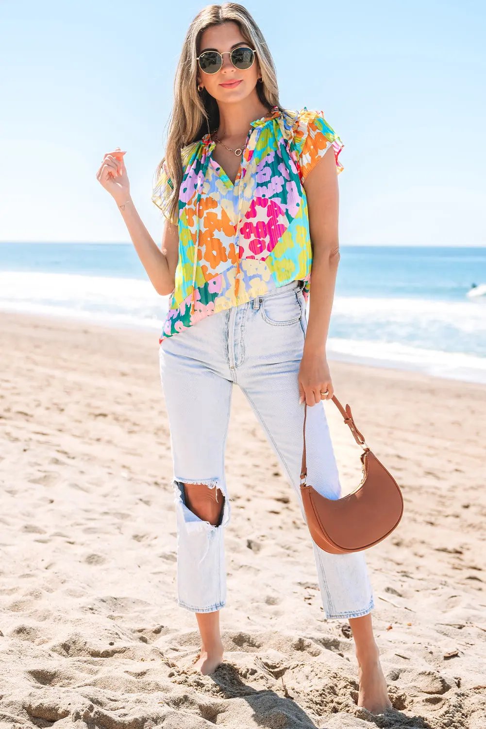 Multicolour Leopard Flutter Sleeve V Neck Crinkled Blouse - Love Salve